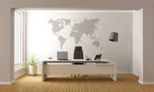 378434734 huge | Minimalist,Office,With,Desk,And,World,Map,On,Wall,-